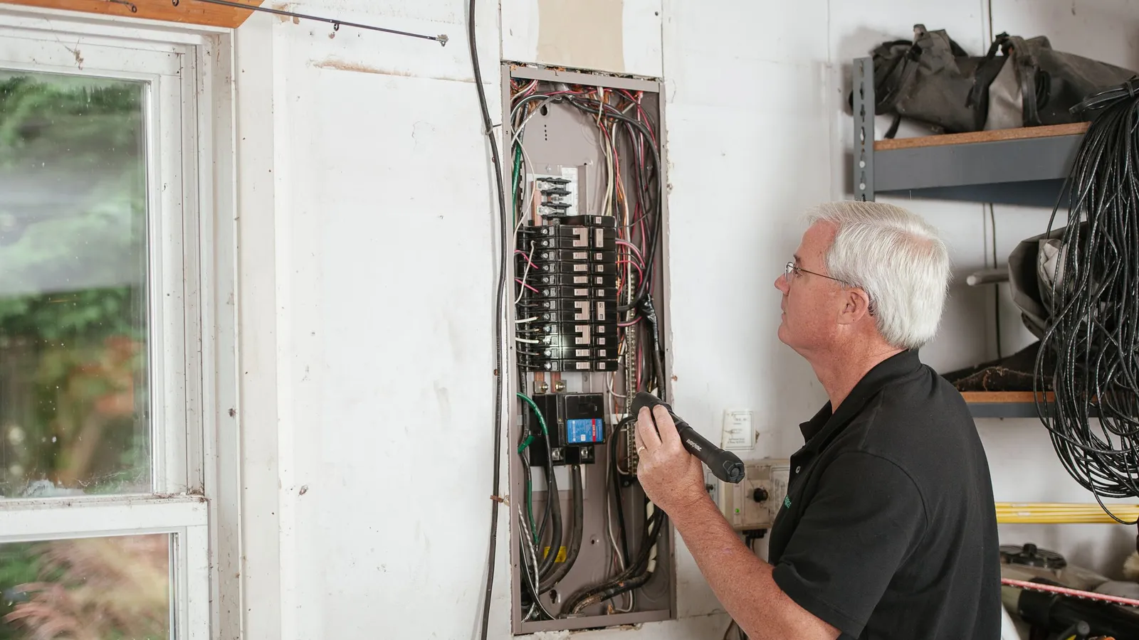 An electrician inspecting a residential breaker panel